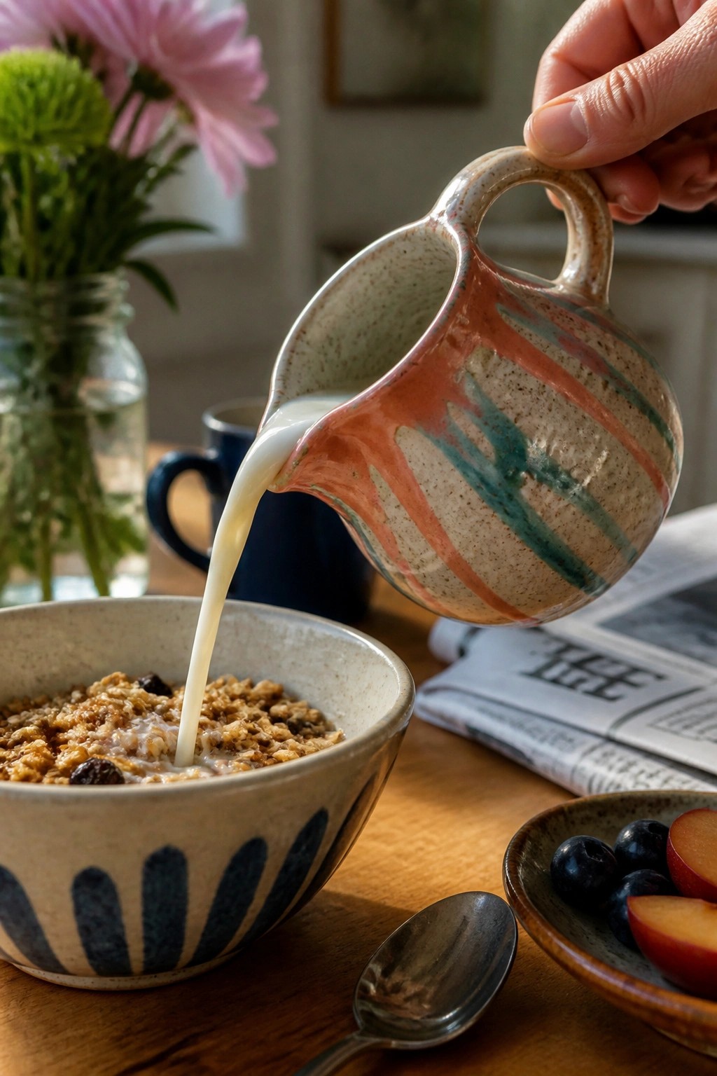 Hand pours milk from colorful ceramic pitcher into patterned bowl of granola