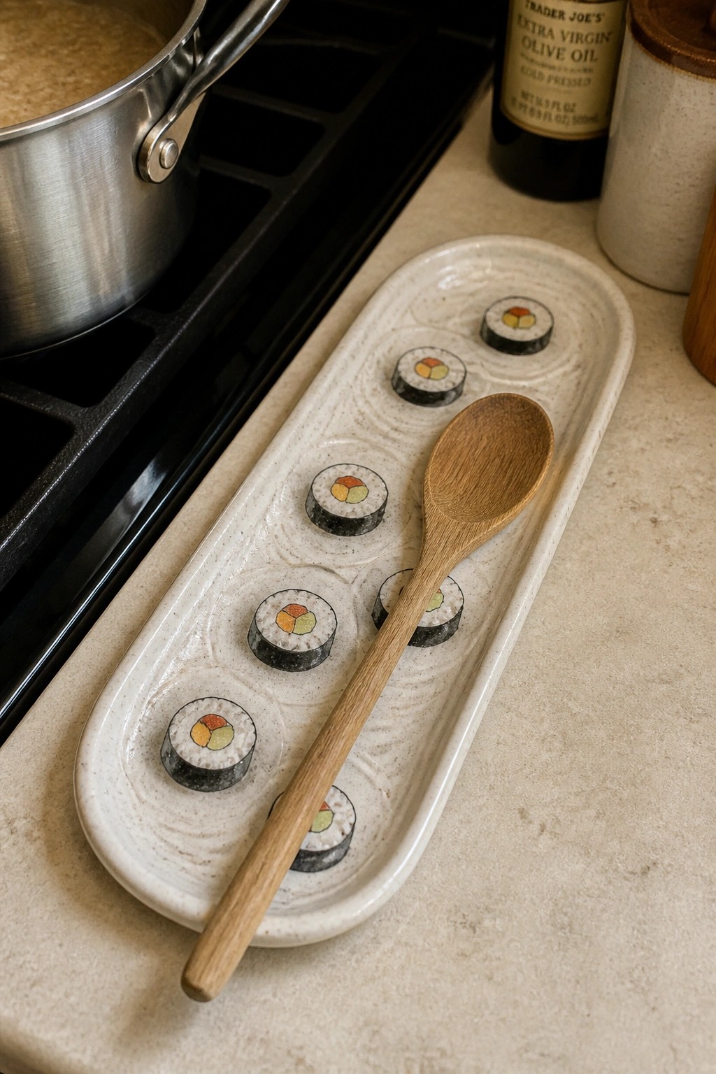 Ceramic tray with miniature sushi and wooden spoon on kitchen counter near stove