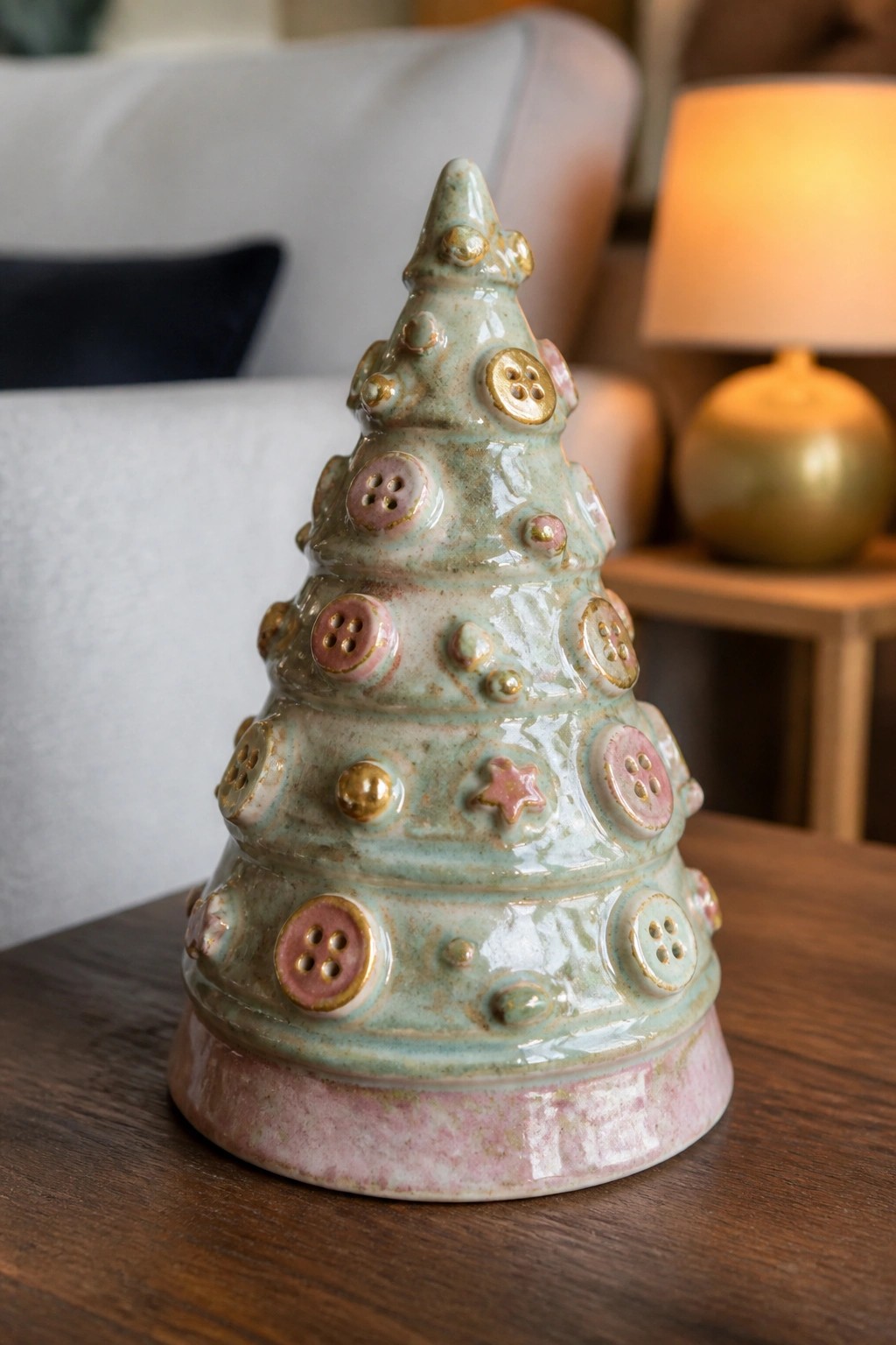 Ceramic Christmas tree with pink buttons, stars, and gold accents on wood table