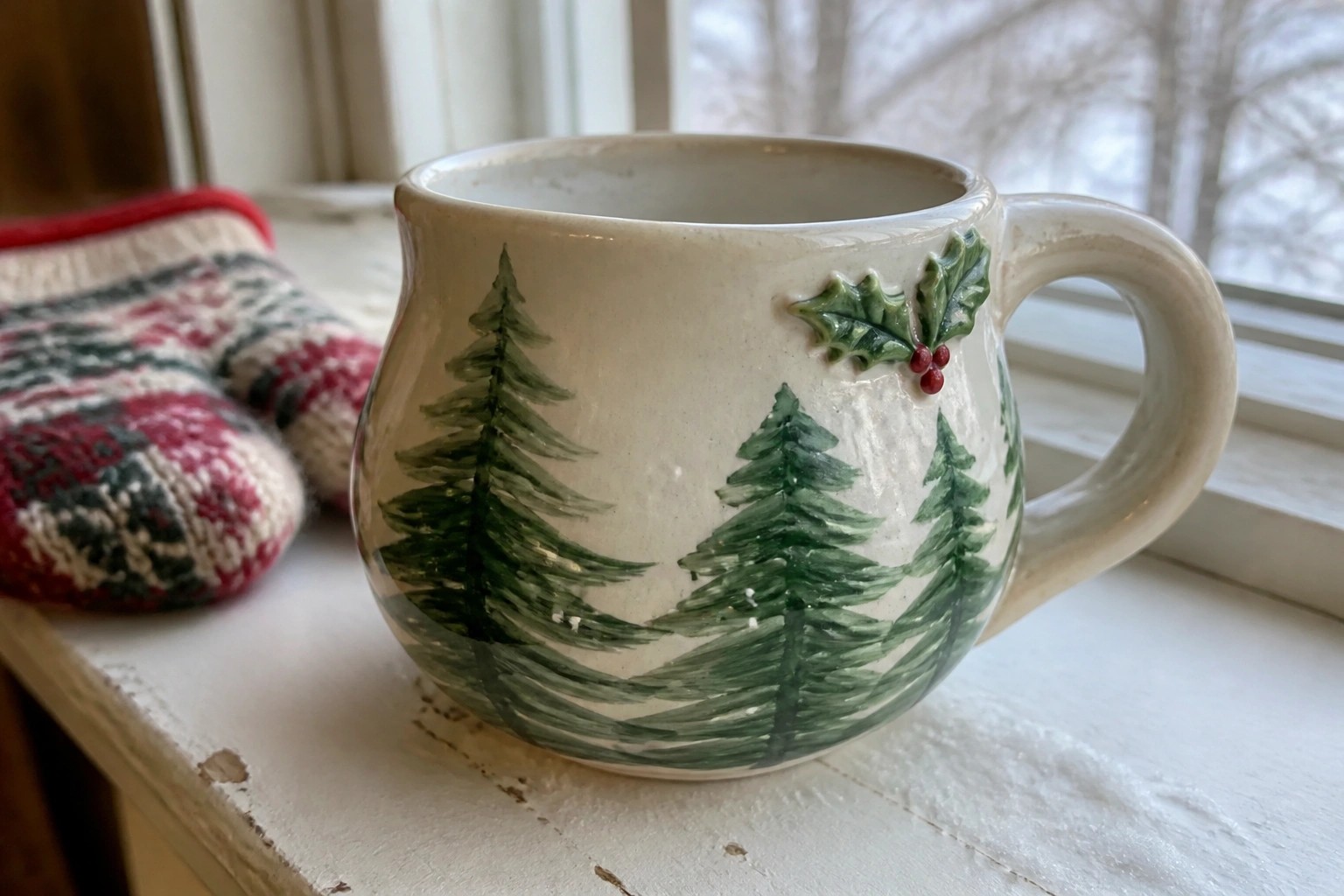 Green-striped ceramic mug with holly handle on snowy windowsill beside red mitten.