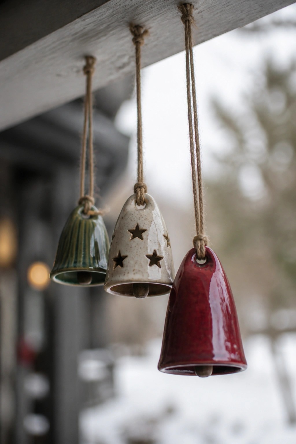 Three ceramic bells hanging from twine: green striped, white with stars, glossy red.