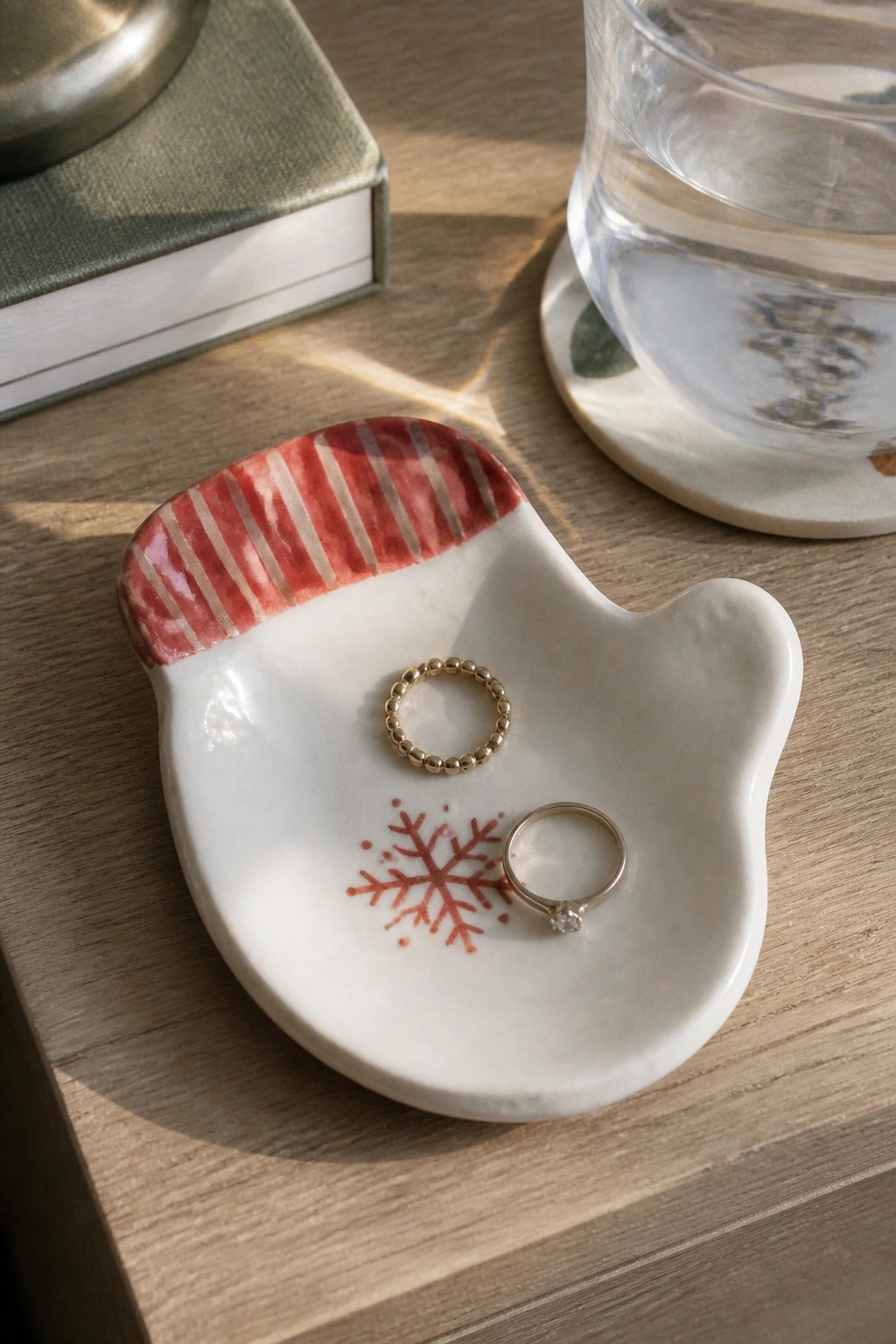 Ceramic mitten dish with red stripes and snowflake holding two gold rings.