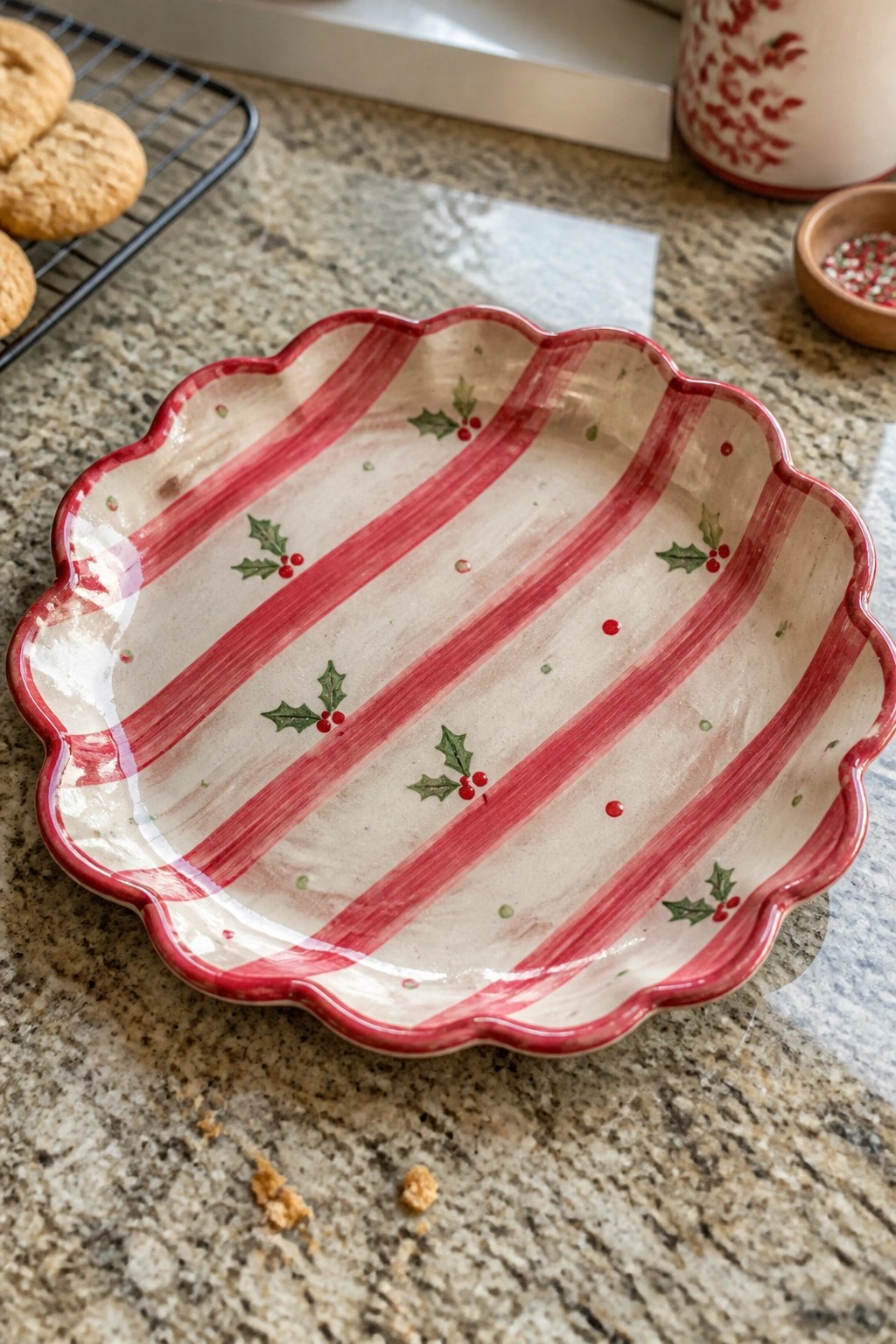 Scalloped red-striped plate with holly accents on granite counter near cookies