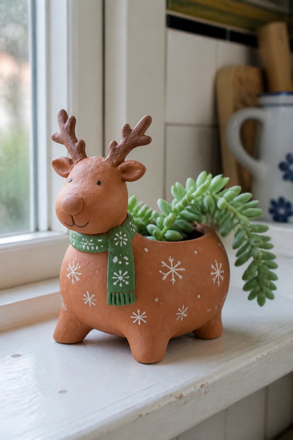 Terracotta reindeer planter with white snowflakes, green scarf, and trailing succulent on sill