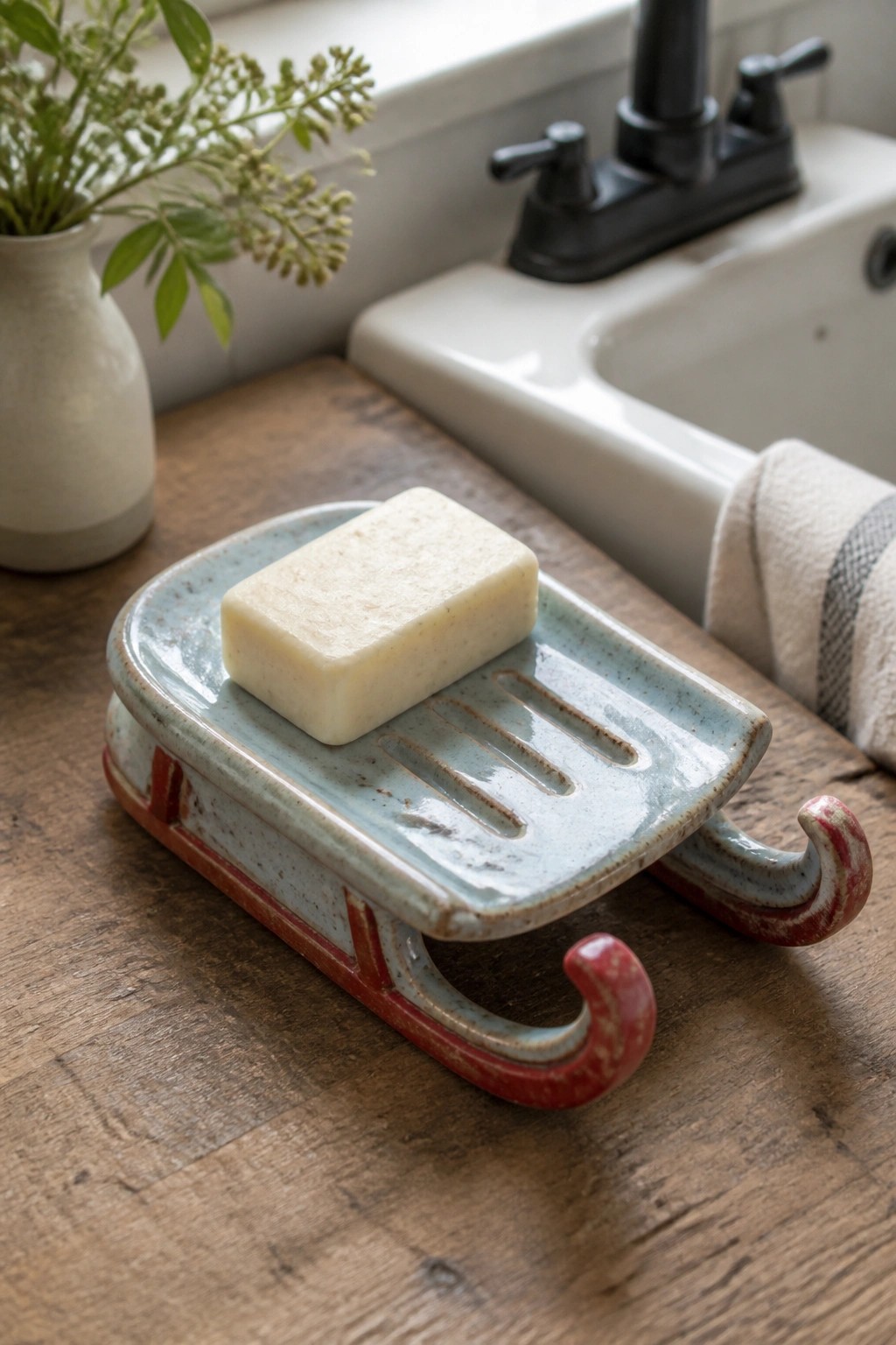 A handmade ceramic soap dish shaped like a miniature sled with blue glaze and red runners holds a bar of soap on a wooden counter.