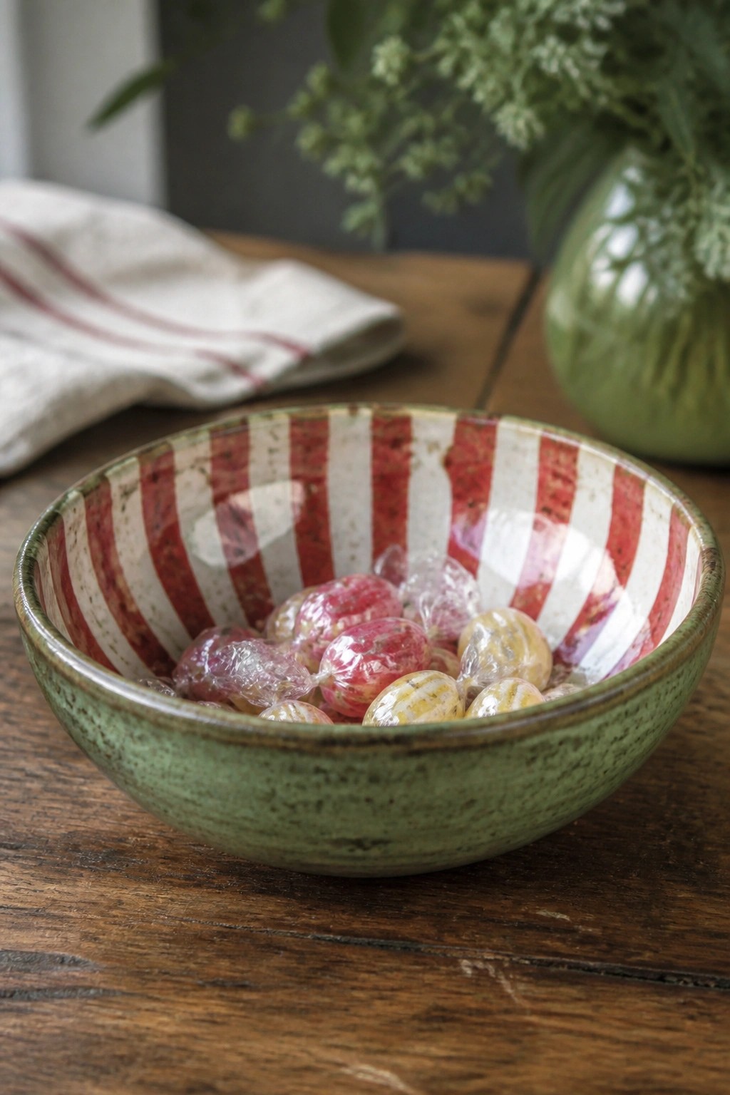 A green ceramic bowl with red and white vertical stripes inside holds wrapped candies on a wooden table.