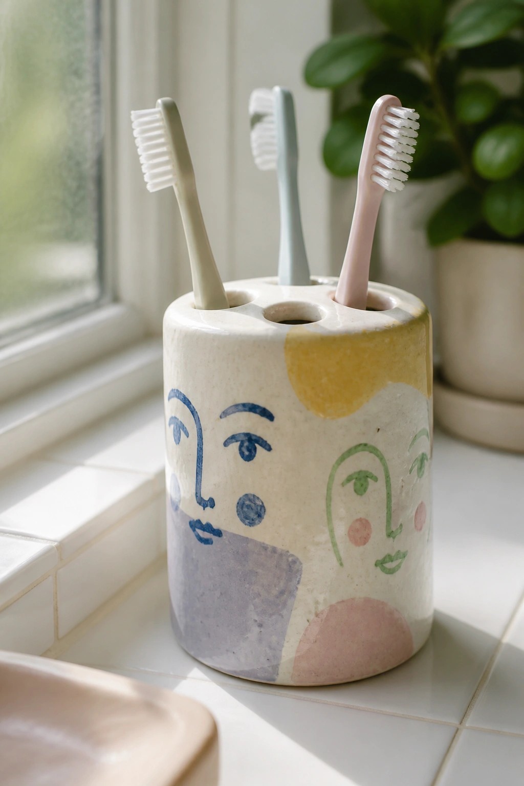 Colorful ceramic toothbrush holder with abstract faces holds three toothbrushes on a windowsill.