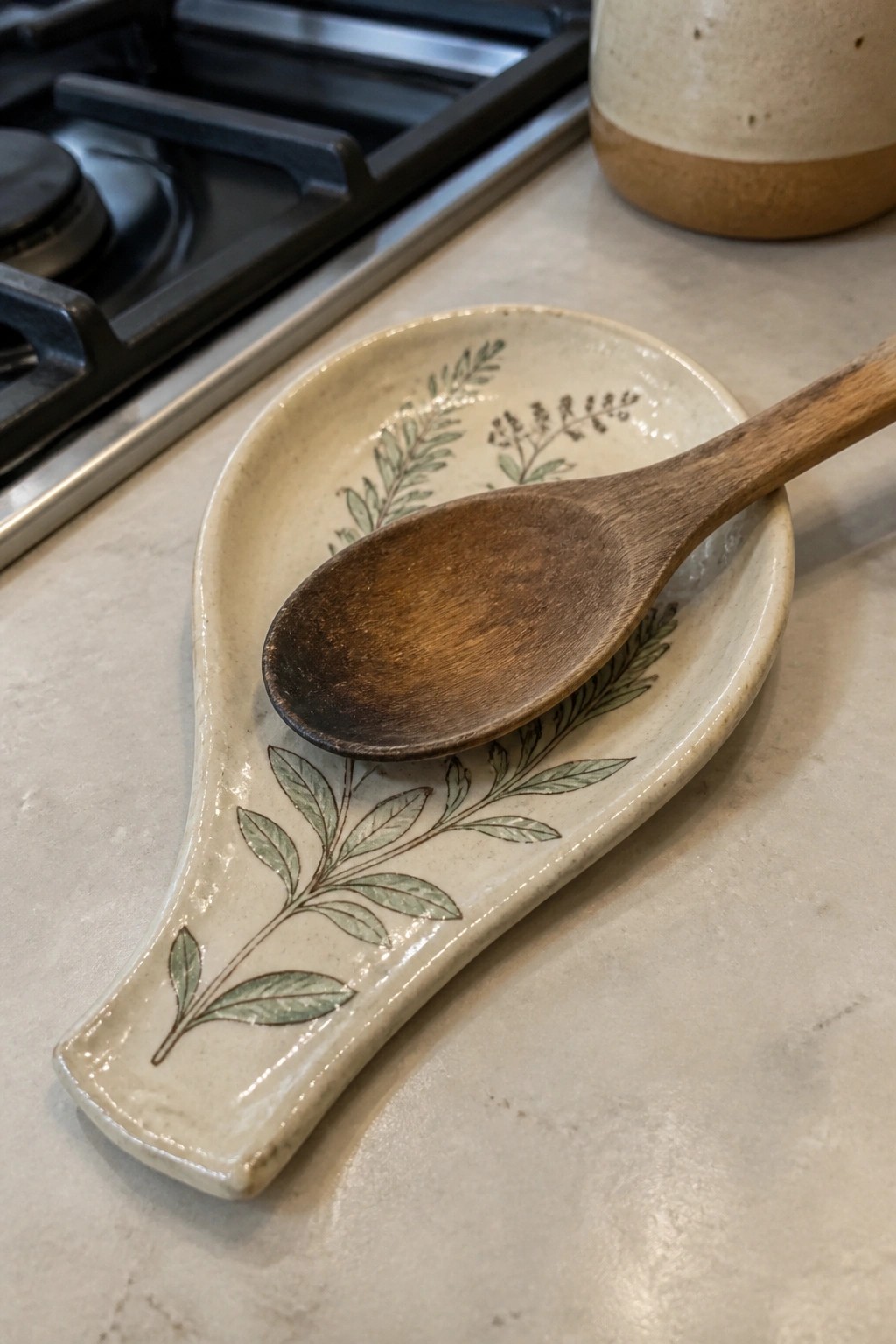 Wooden spoon resting on a ceramic spoon rest with green leaf patterns beside a stove.