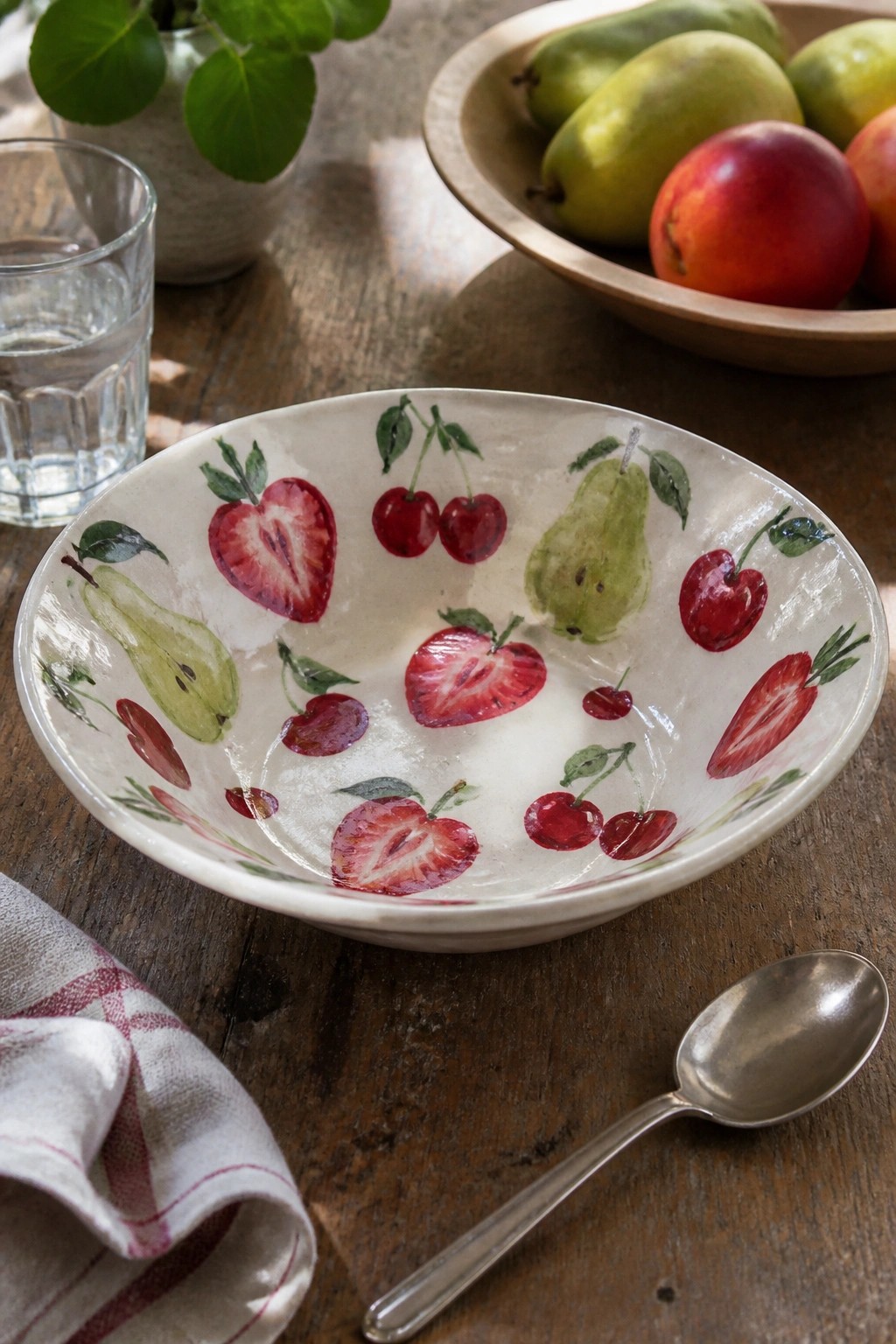 Ceramic bowl with hand-painted strawberries, cherries, and pears on wooden table