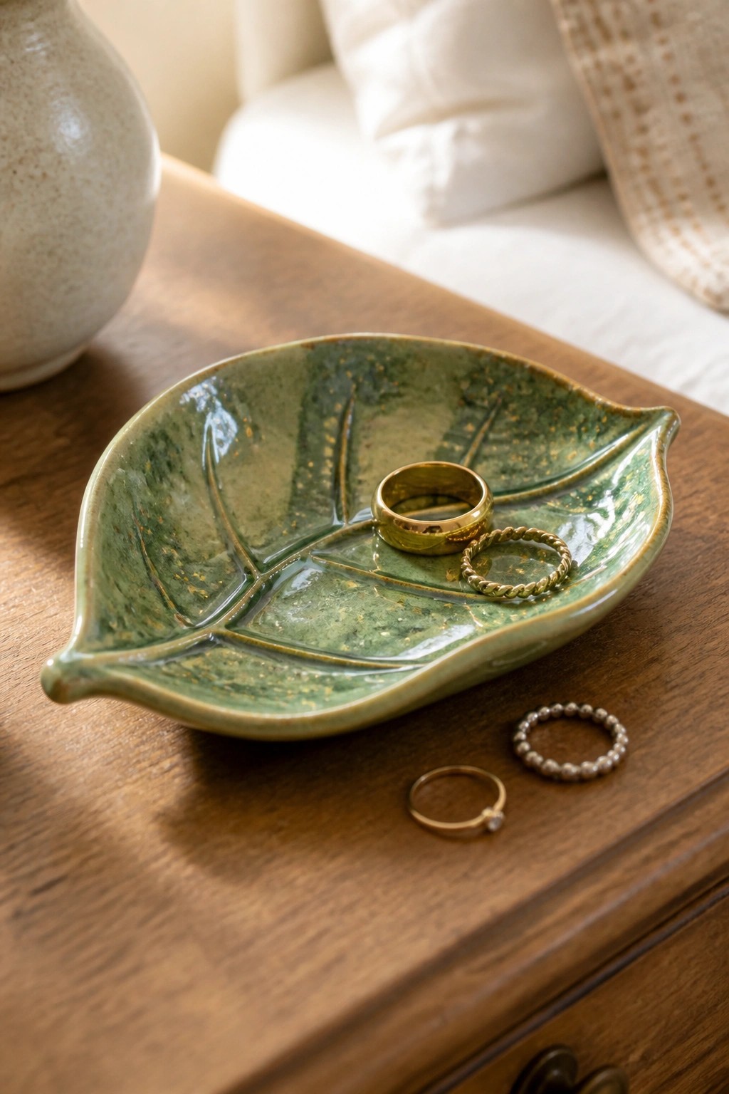 Green leaf-shaped ceramic dish holding gold rings on wooden table