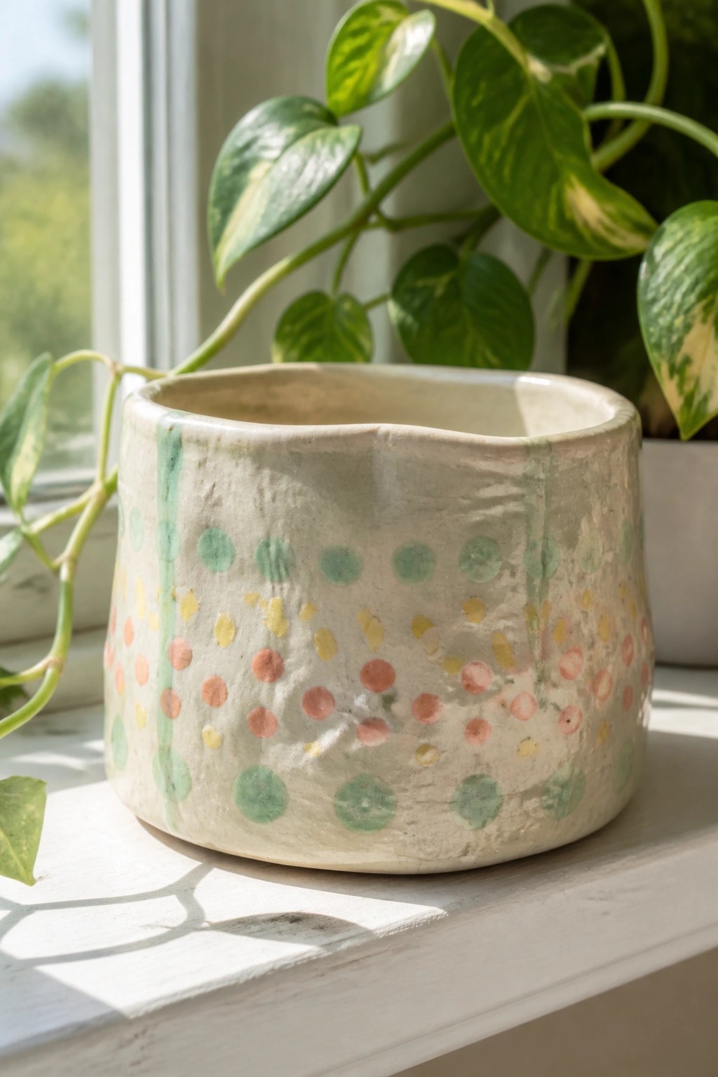 Textured white ceramic pot with colorful dots and green stripes on a windowsill