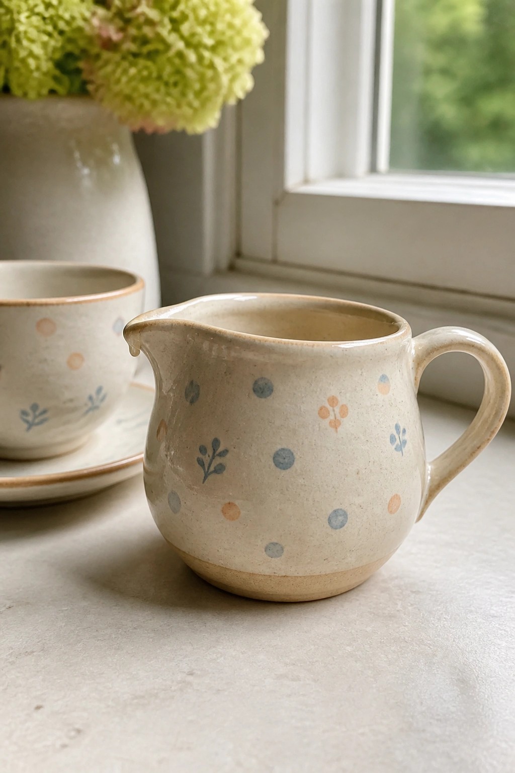 Speckled ceramic creamer with blue dots, orange accents, and leaf motifs on windowsill