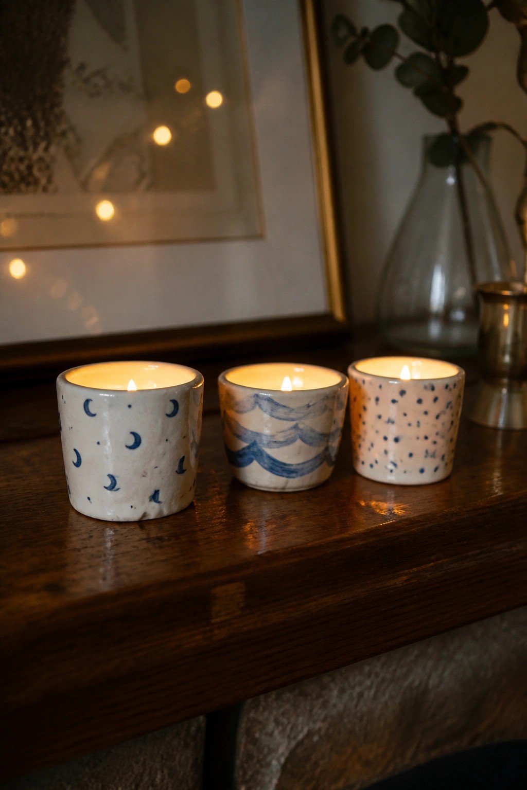 Three lit candles in blue-patterned ceramic holders on dark wooden surface