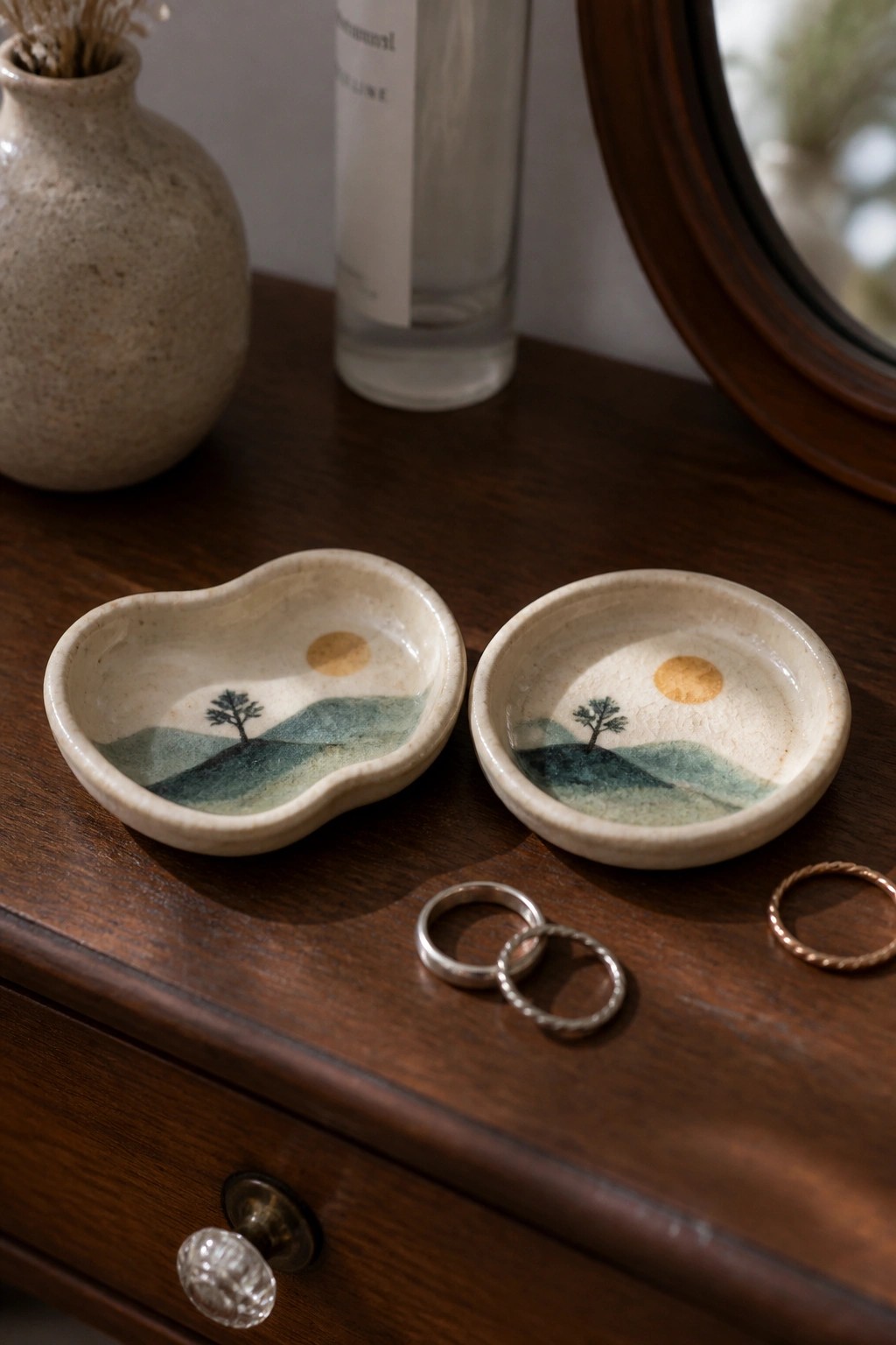 Two ceramic dishes with landscape paintings beside silver and gold rings on wood.