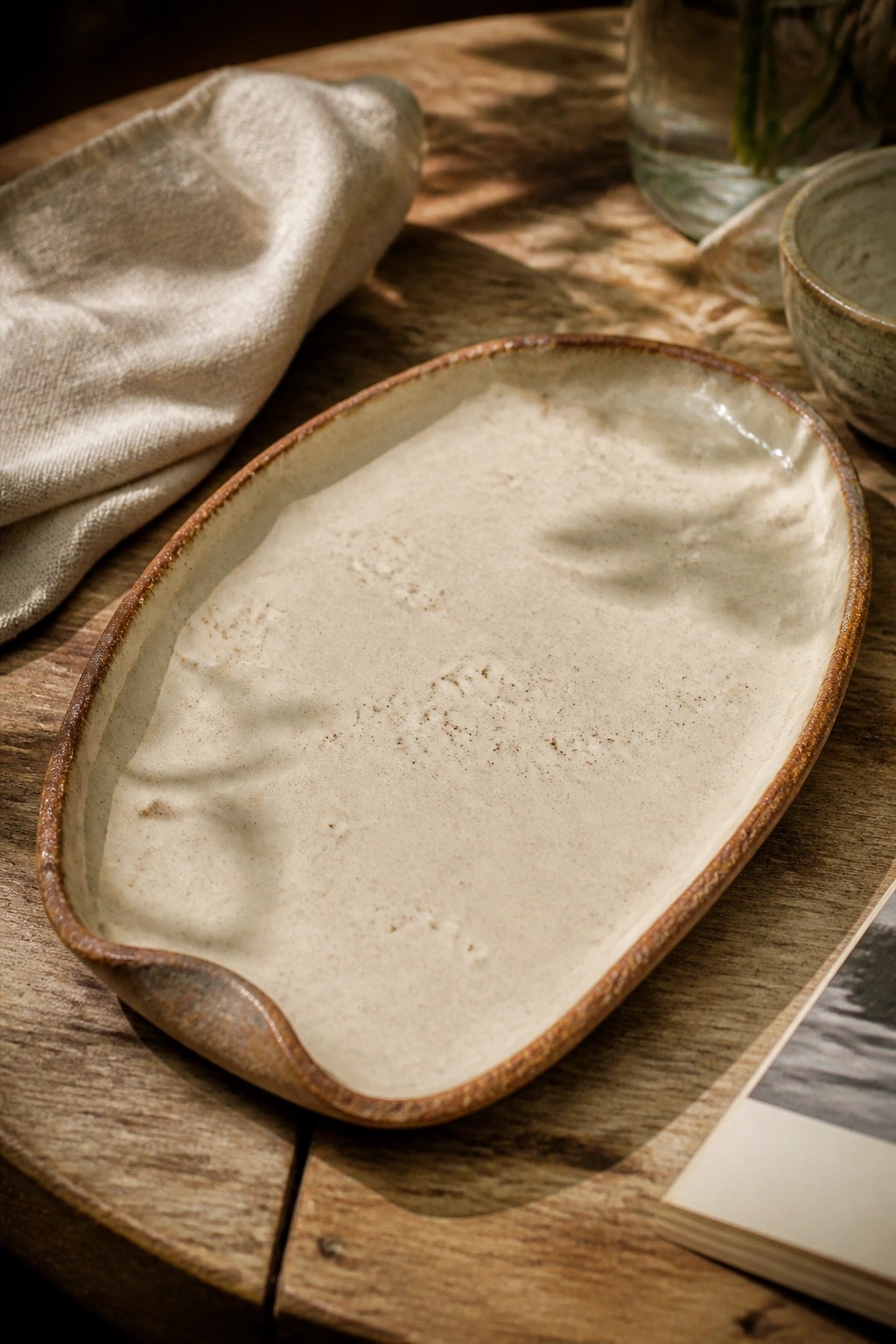 Beige oval ceramic dish on wooden table with linen cloth and leaf shadows
