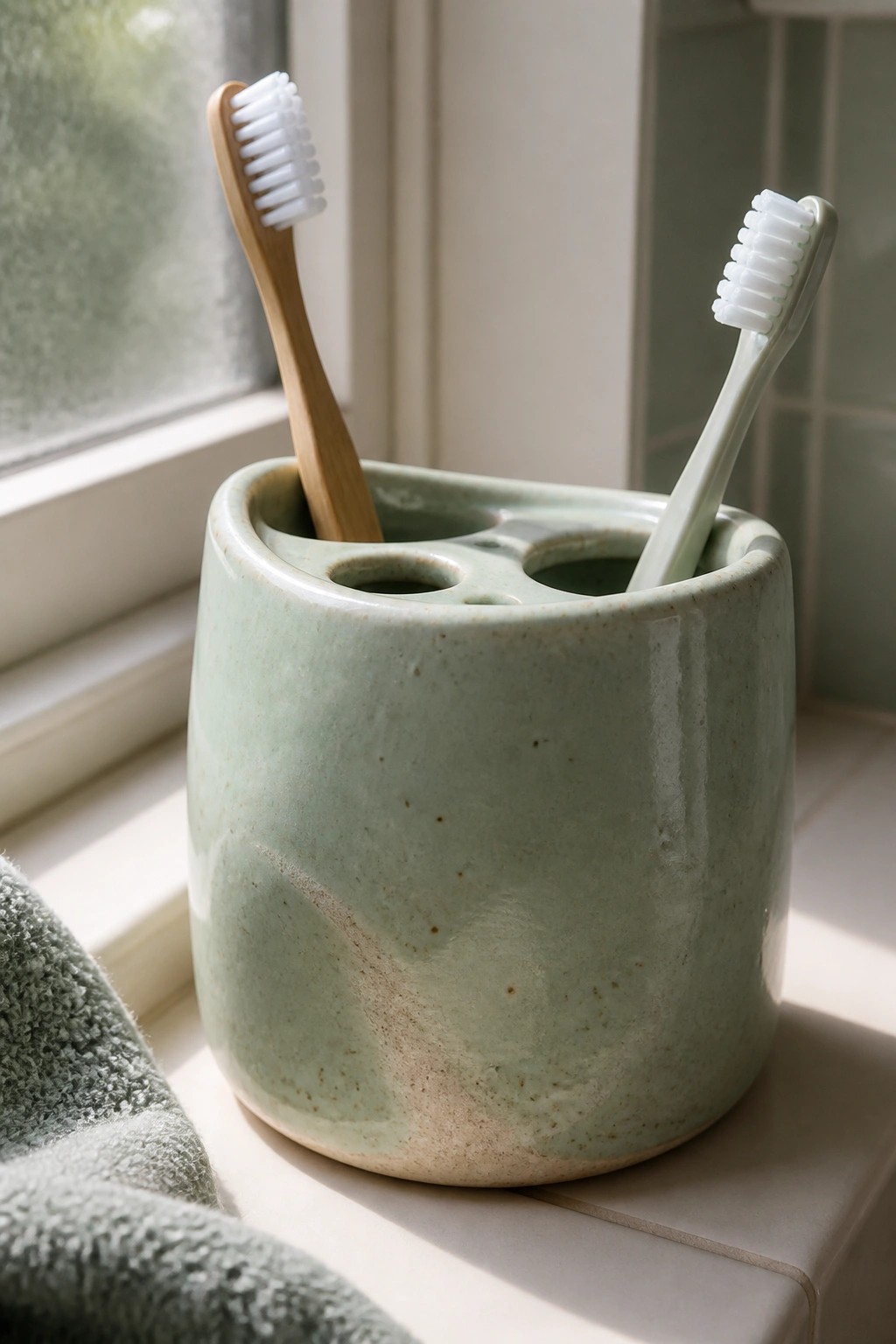 Light green ceramic holder holding two toothbrushes on a sunlit windowsill beside a towel.