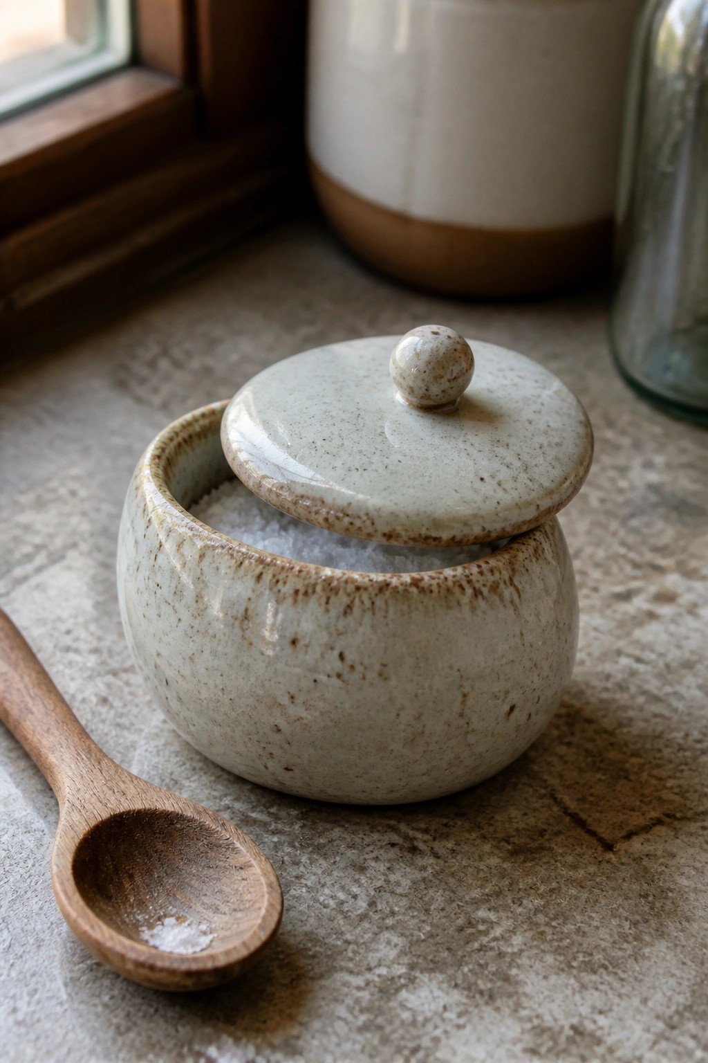 Ceramic salt jar with lid beside wooden spoon on stone windowsill