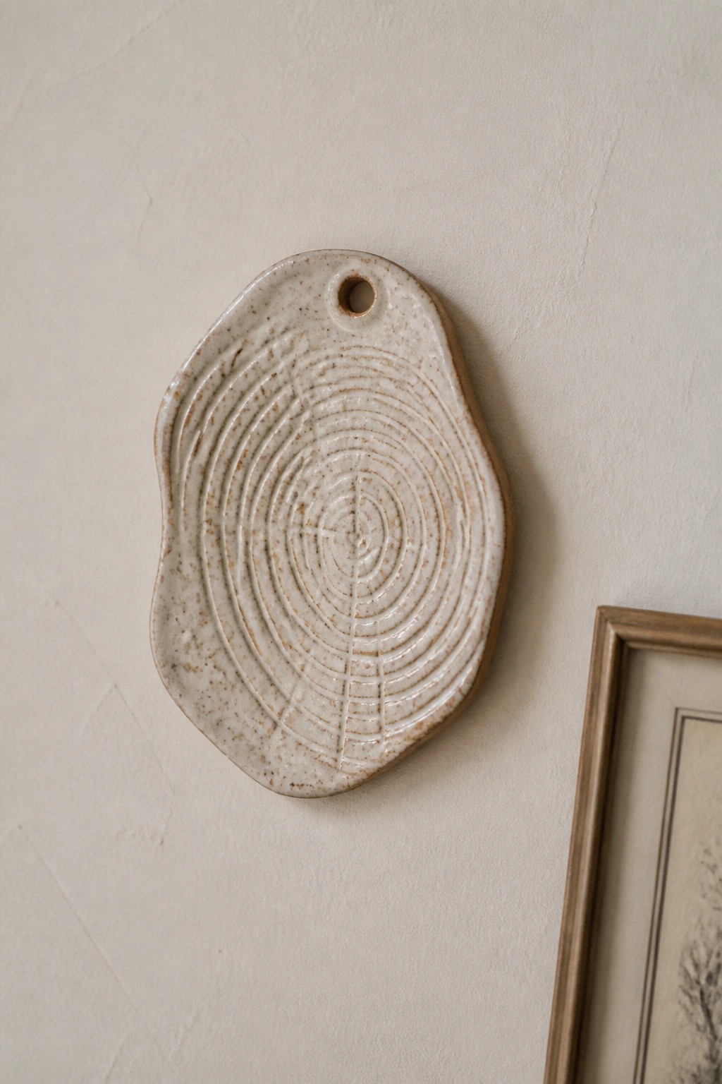 Speckled beige ceramic plaque with concentric tree-ring patterns on a plain wall