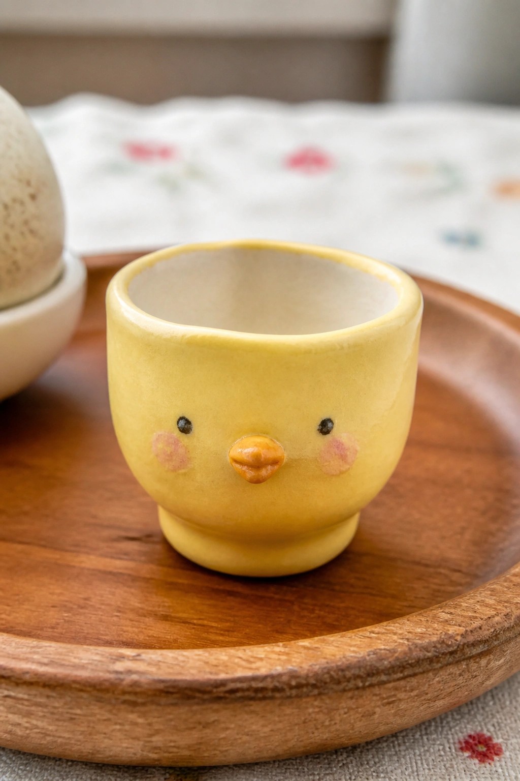 Small yellow ceramic cup with a chick face featuring black eyes, orange beak, and pink cheeks sitting on a wooden tray.
