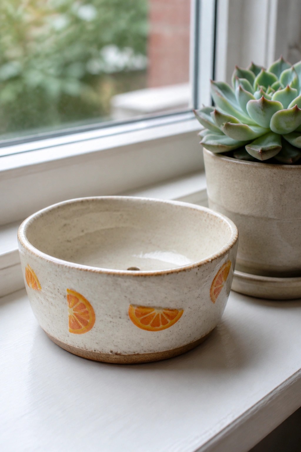 Cream ceramic bowl with orange slices beside a succulent on a windowsill