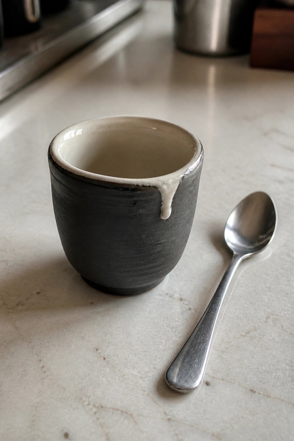 Dark gray ceramic cup with dripping white glaze beside metal spoon on marble counter