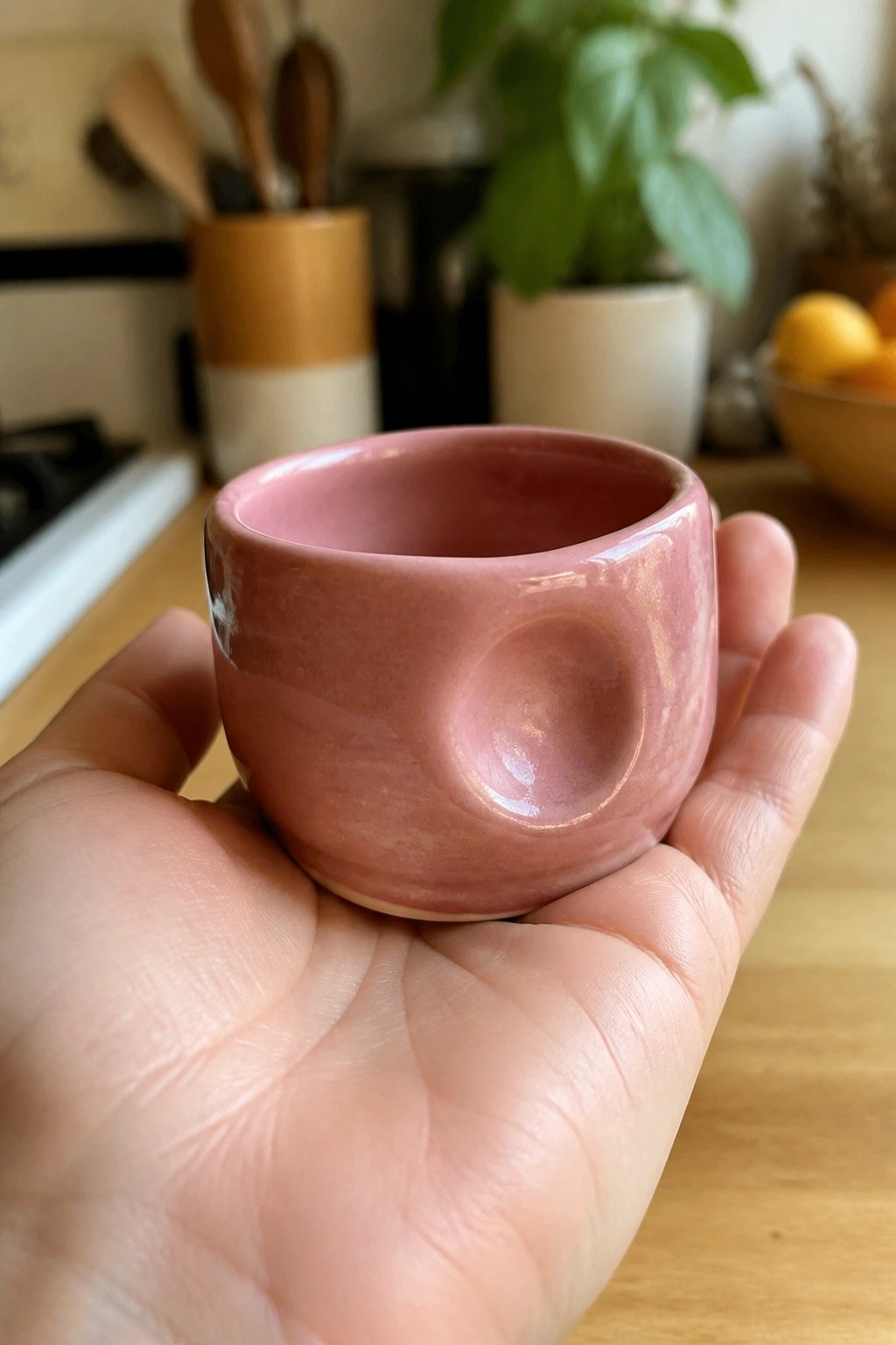 Hand holding glossy pink ceramic cup with circular side indentation