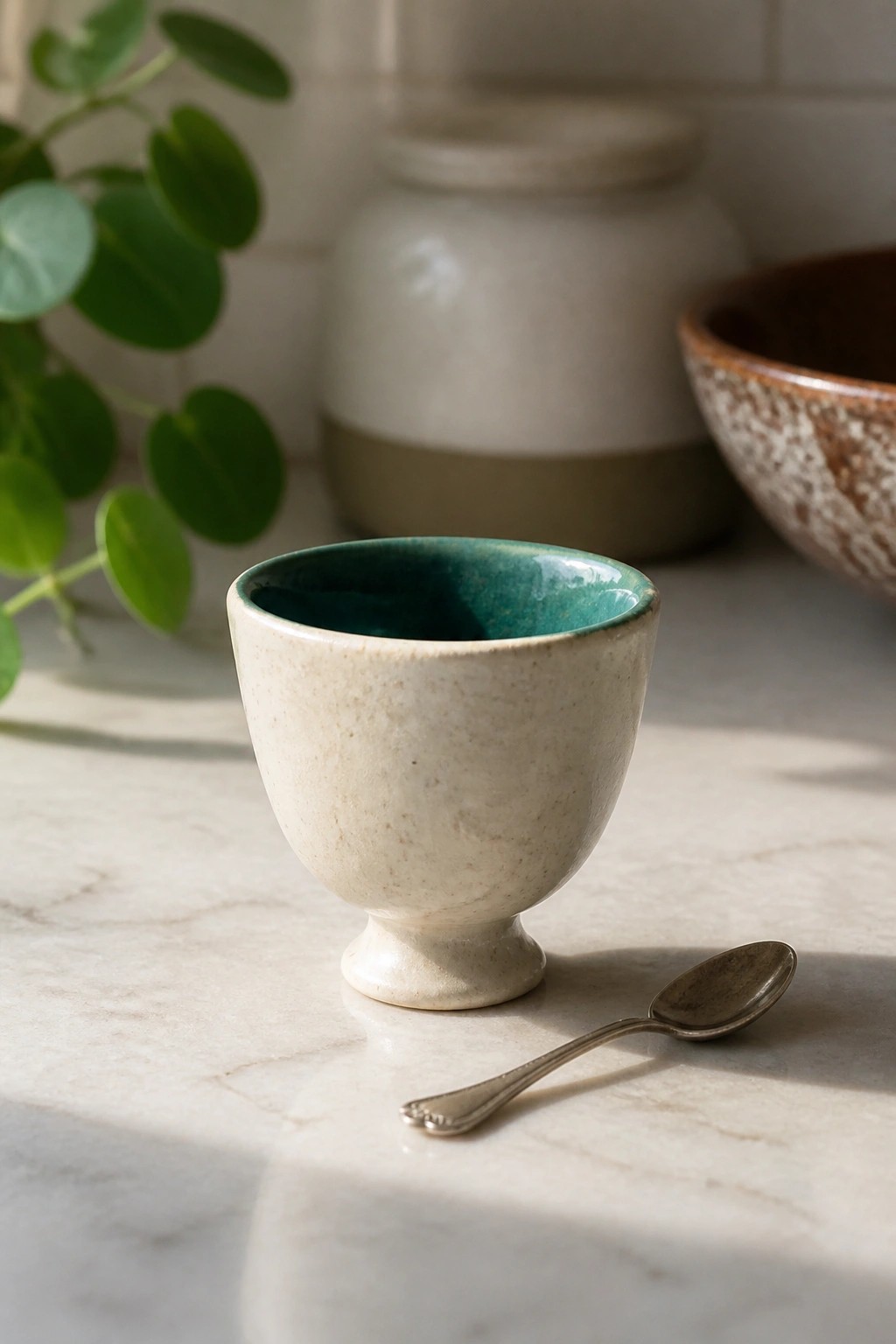 Speckled off-white ceramic cup with teal interior next to spoon on marble counter