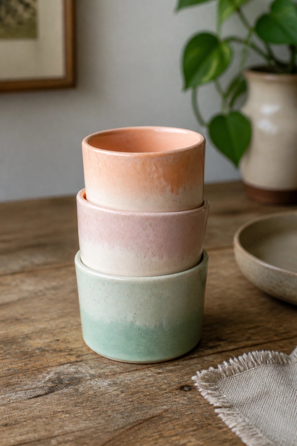 Three stacked pastel gradient ceramic bowls on a rustic wooden table