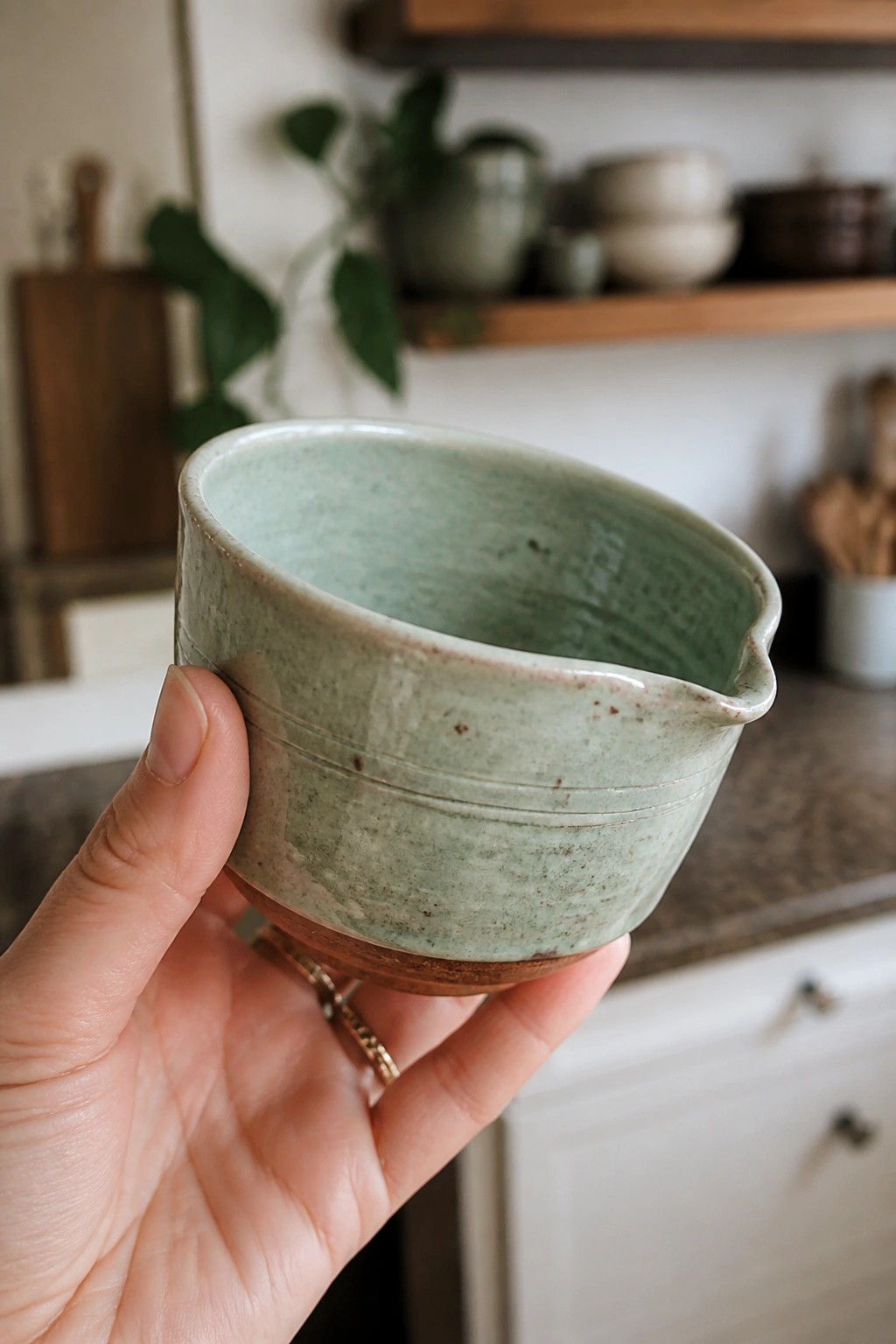 Hand holding light green speckled ceramic bowl with spout in kitchen.