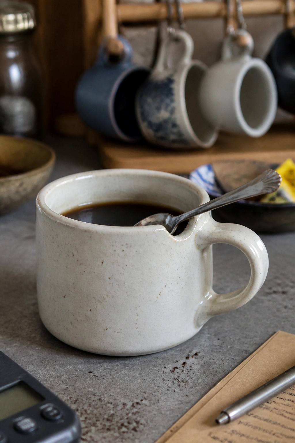 Cream-colored ceramic mug with coffee and spoon on gray table, hanging cups behind