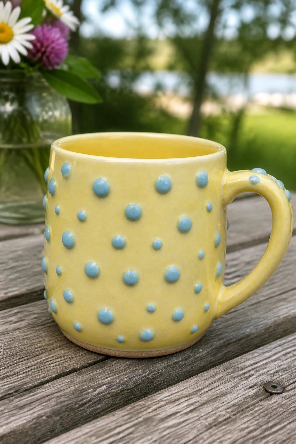 Yellow ceramic mug with blue dots on wooden table beside flower jar outdoors.