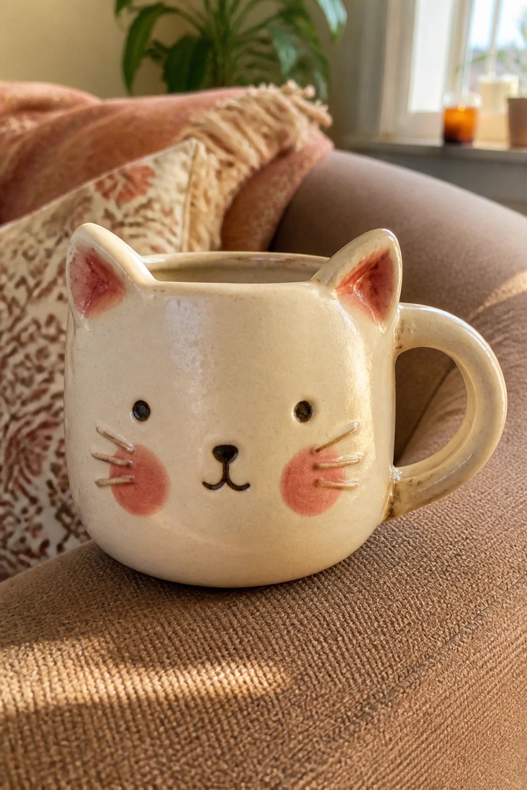 Cream ceramic cat mug with pink ears and cheeks on brown couch
