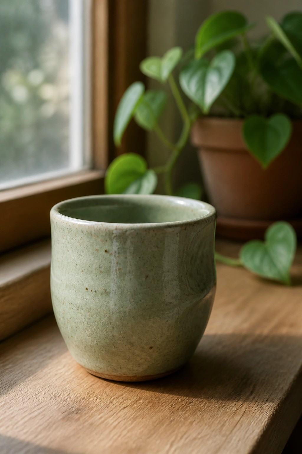 Green ceramic cup on wooden windowsill with potted plant in background