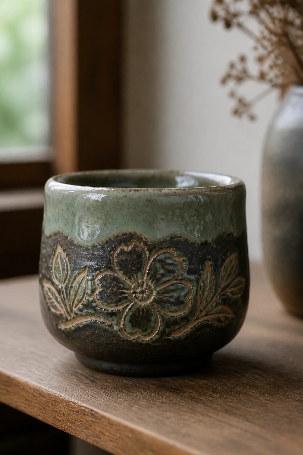 Ceramic cup with green glaze and embossed flower design on wooden surface