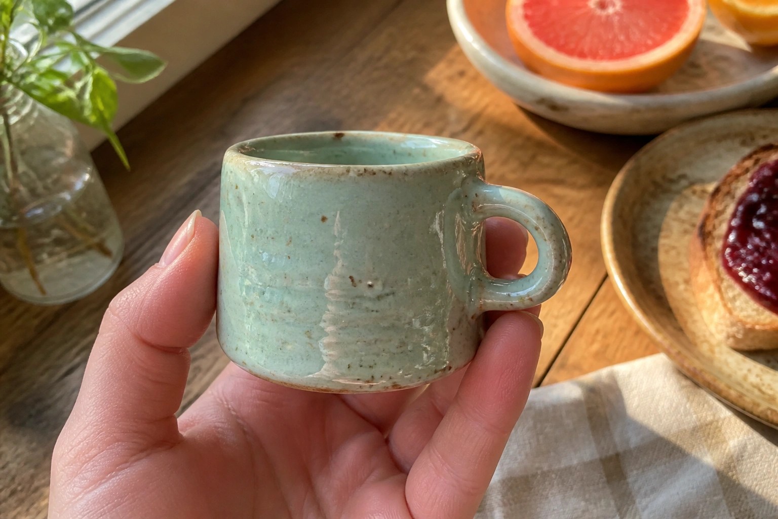 Hand in knit sweater holds small speckled green mug over wooden breakfast table