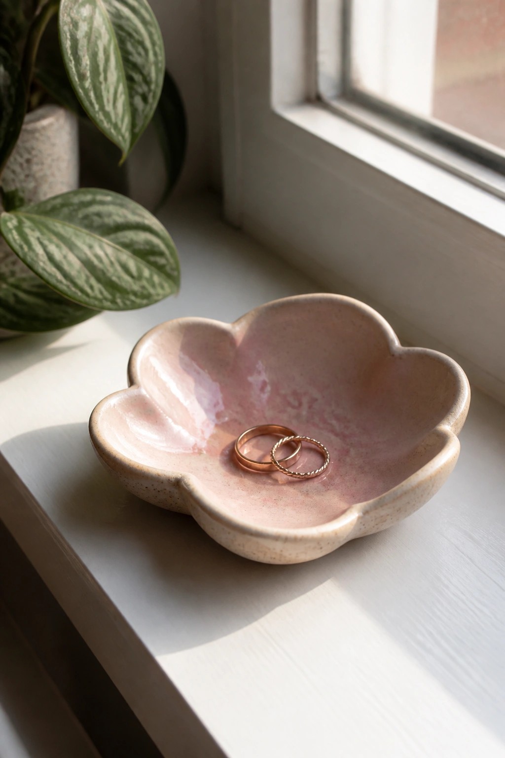 Two gold rings rest in a pink flower-shaped ceramic bowl on a windowsill.
