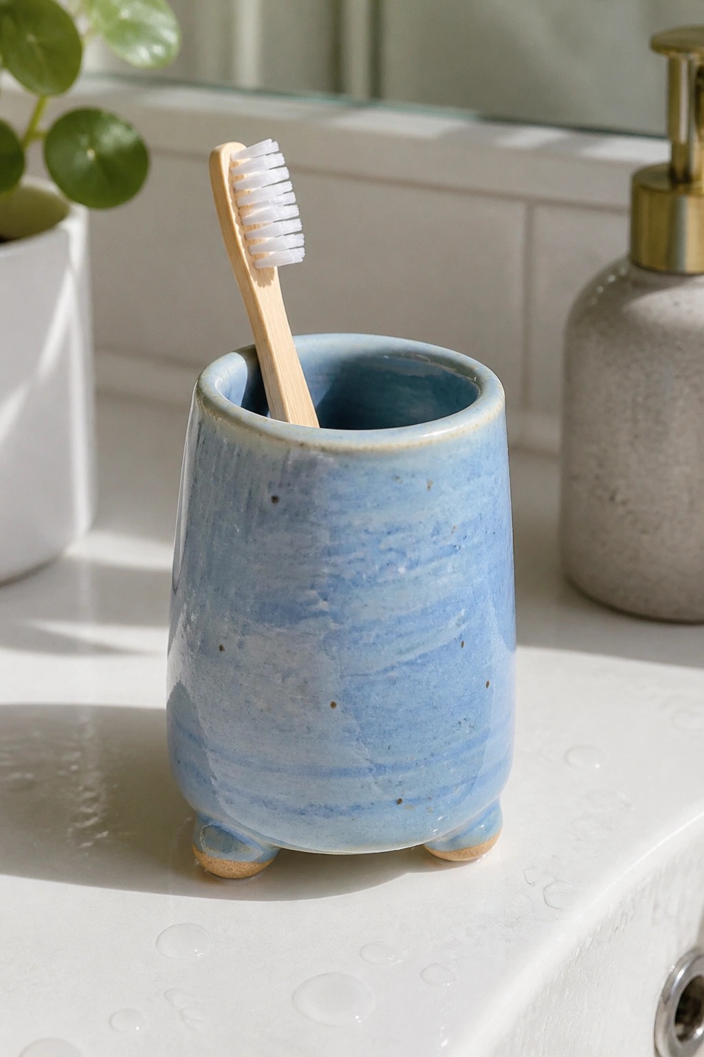 Blue ceramic footed holder with bamboo toothbrush on wet white sink