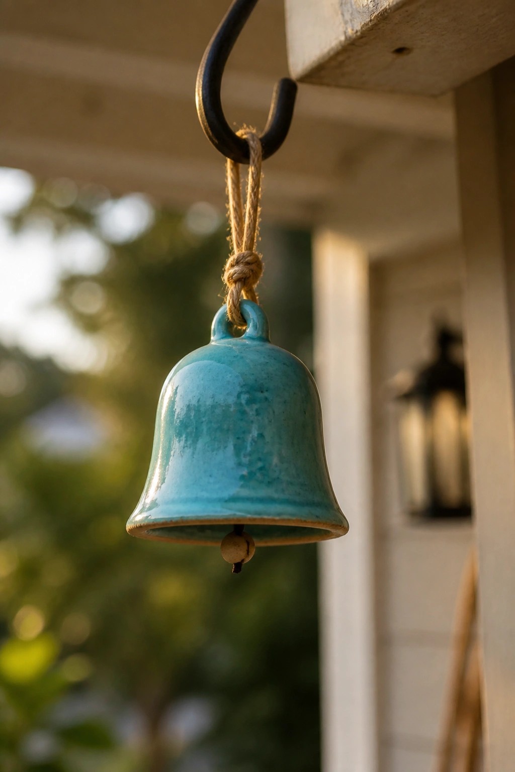 Turquoise ceramic bell hangs from black hook by knotted twine with wooden clapper.