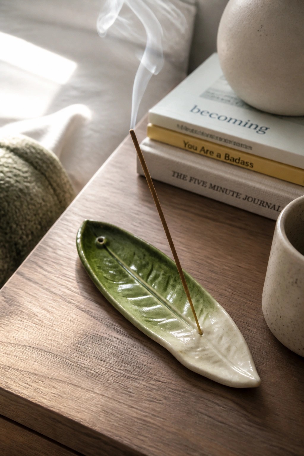 Burning incense in green leaf-shaped holder on wooden table beside books and mug