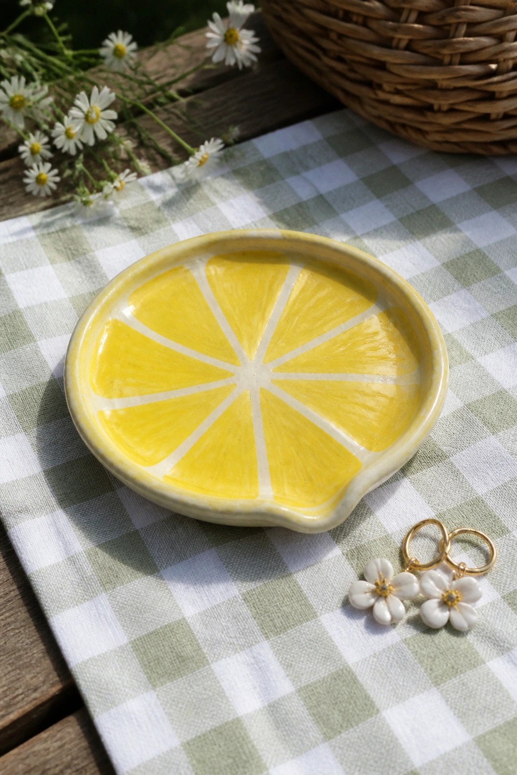 Yellow lemon-slice plate beside daisy earrings on green gingham cloth