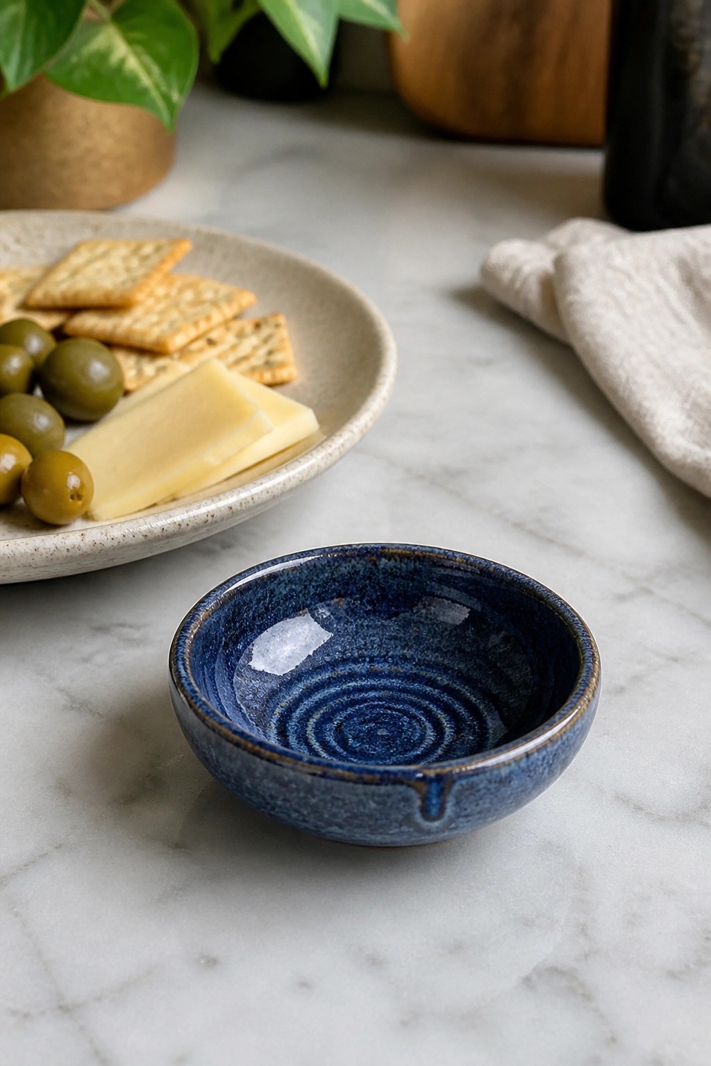 Small blue ceramic bowl beside plate of crackers, cheese, and olives on marble