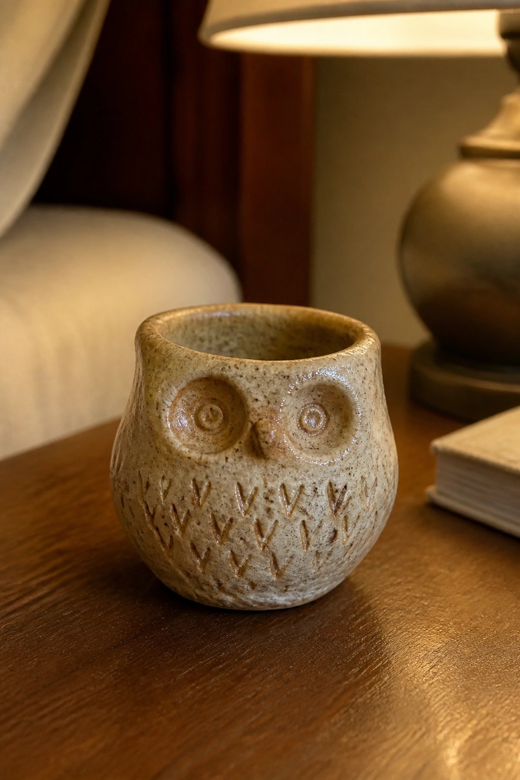 Beige speckled ceramic owl cup on wooden table beside lamp and book
