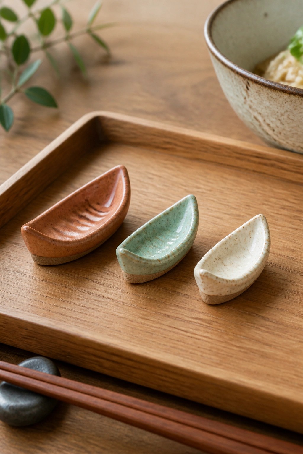 Three small boat-shaped ceramic dishes in orange, green, and beige on wooden tray
