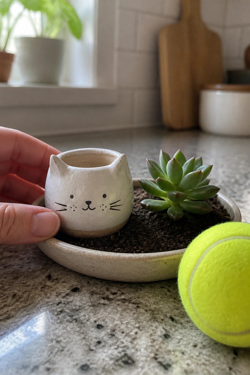 Hand holding cat-faced ceramic planter in soil dish with succulent and tennis ball