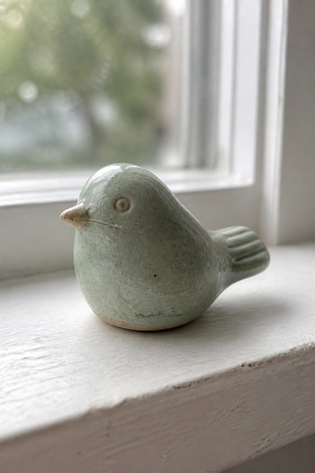 Small pale green ceramic bird figurine on white wooden windowsill by window.