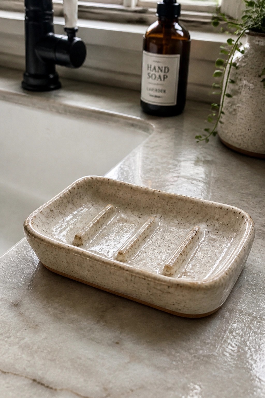 Speckled ceramic soap dish on marble counter near black faucet and soap bottle