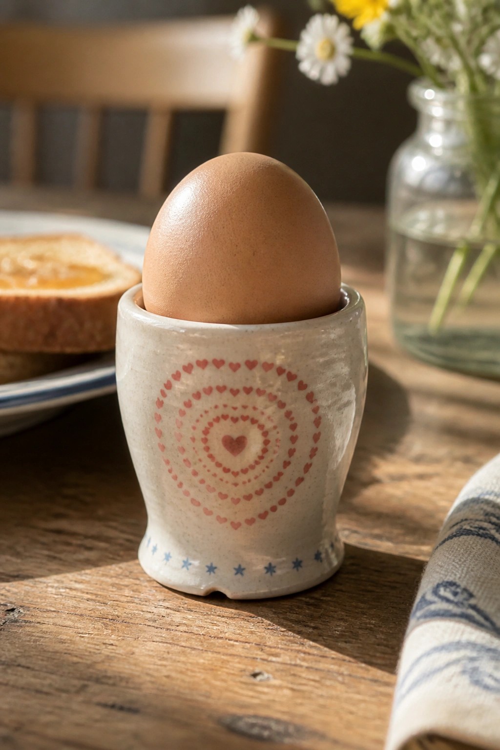 Brown egg in white ceramic cup with pink hearts on rustic wooden table.