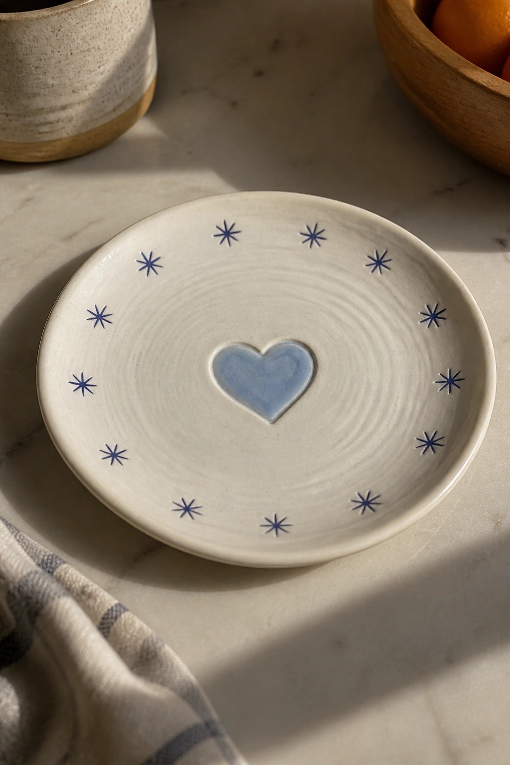 White ceramic plate with blue heart and star patterns on marble countertop