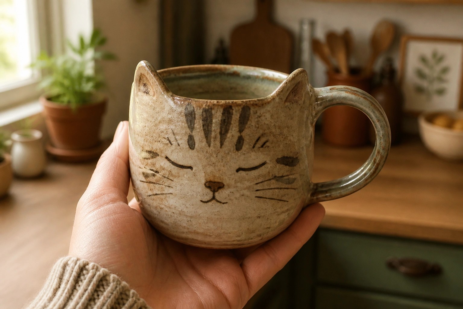 A hand holds a light speckled ceramic mug with sculpted cat ears on the rim and a painted cat face showing closed eyes, whiskers, and nose.