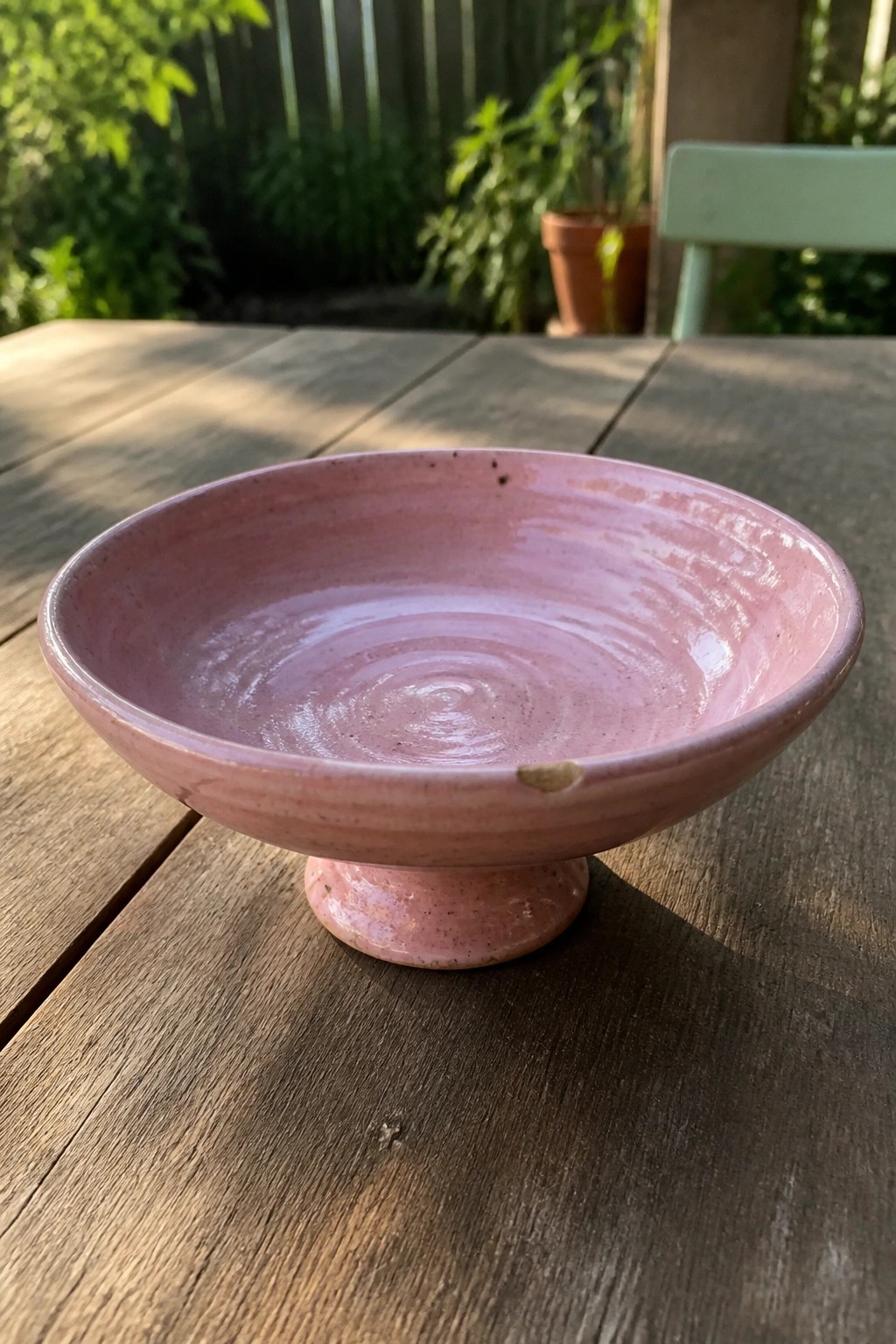 Pink ceramic pedestal bowl with chip on rim on wooden outdoor table